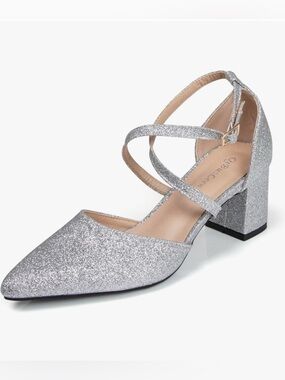 Size 10 Silver Glitter Cross-Strap Block Heel Pumps - Women
